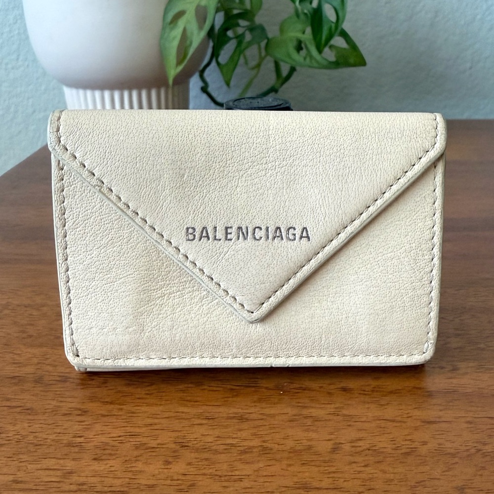 Balenciaga Papier Calfskin Leather Mini Wallet in Bone Cream Beige Tapioca